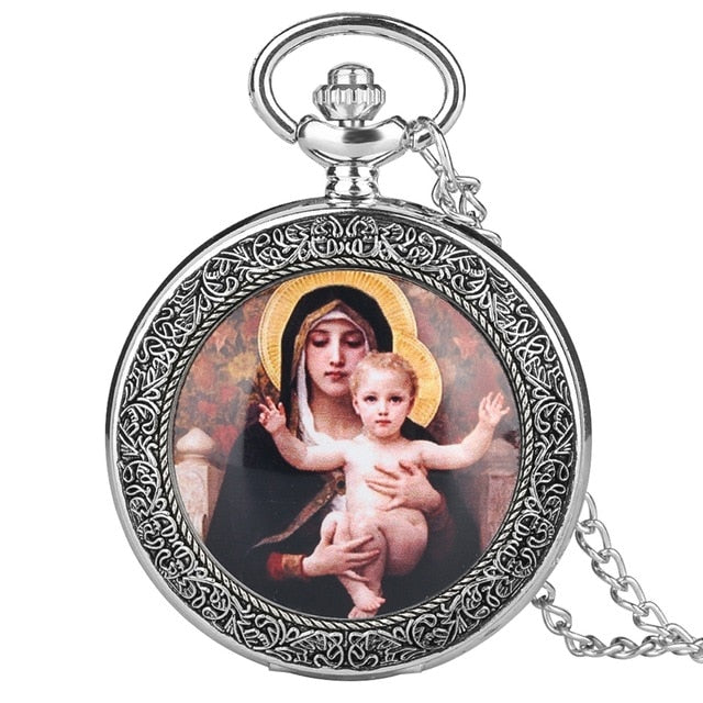 Religious Style Virgin Mary and Jesus Quartz Pocket Watch Pendant for Women Girls Lady Jewelry Necklace Chain Watch Luxury reloj