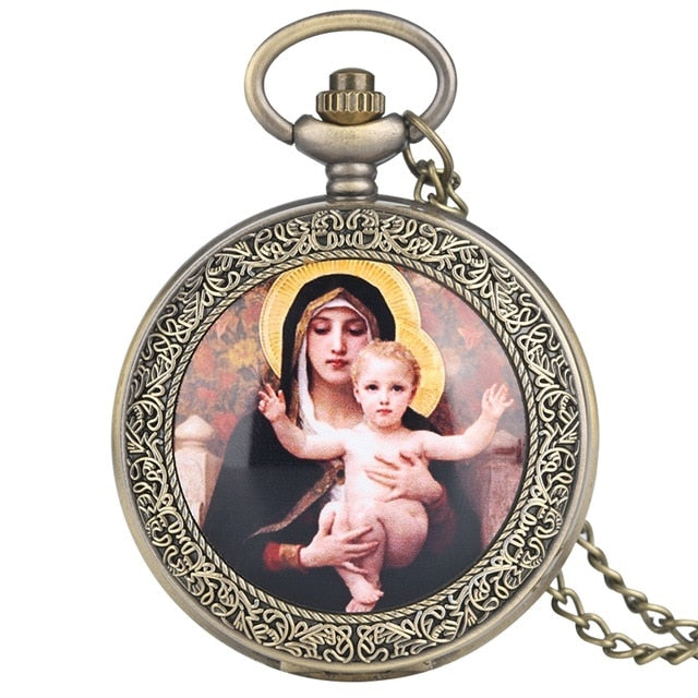 Religious Style Virgin Mary and Jesus Quartz Pocket Watch Pendant for Women Girls Lady Jewelry Necklace Chain Watch Luxury reloj