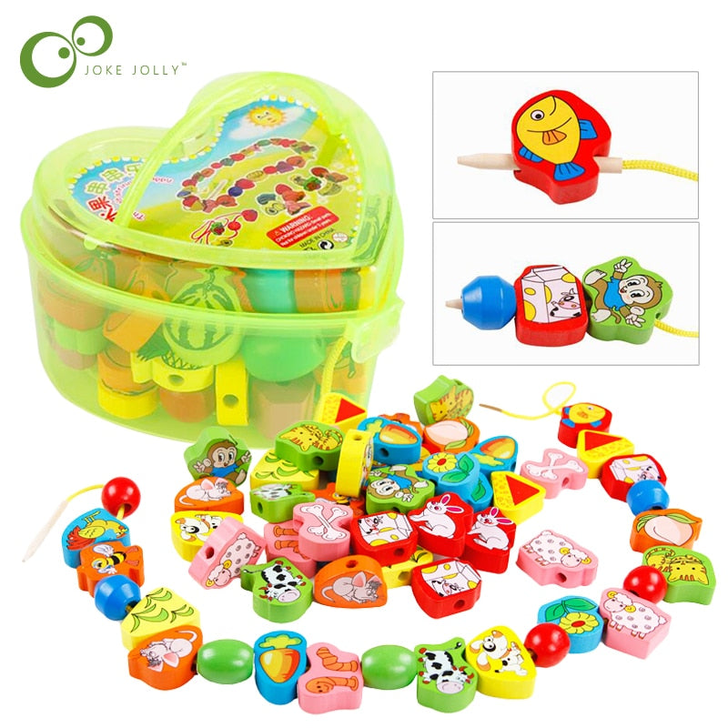 26Pcs Blocks Cartoon Animals Fruit Block Wooden Toys Stringing Threading Beads Game Educational Toy for Baby Kids Children GYH