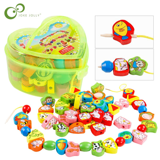 26Pcs Blocks Cartoon Animals Fruit Block Wooden Toys Stringing Threading Beads Game Educational Toy for Baby Kids Children GYH