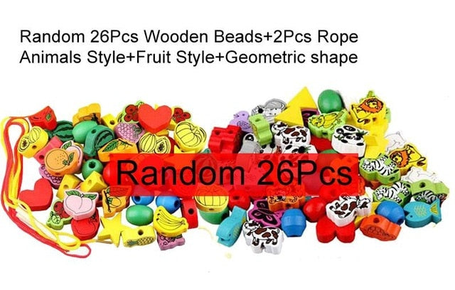 26Pcs Blocks Cartoon Animals Fruit Block Wooden Toys Stringing Threading Beads Game Educational Toy for Baby Kids Children GYH