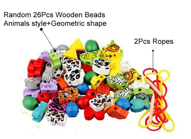 26Pcs Blocks Cartoon Animals Fruit Block Wooden Toys Stringing Threading Beads Game Educational Toy for Baby Kids Children GYH