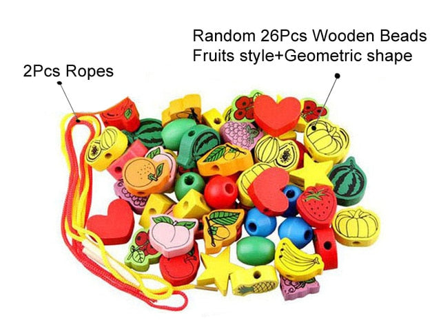 26Pcs Blocks Cartoon Animals Fruit Block Wooden Toys Stringing Threading Beads Game Educational Toy for Baby Kids Children GYH