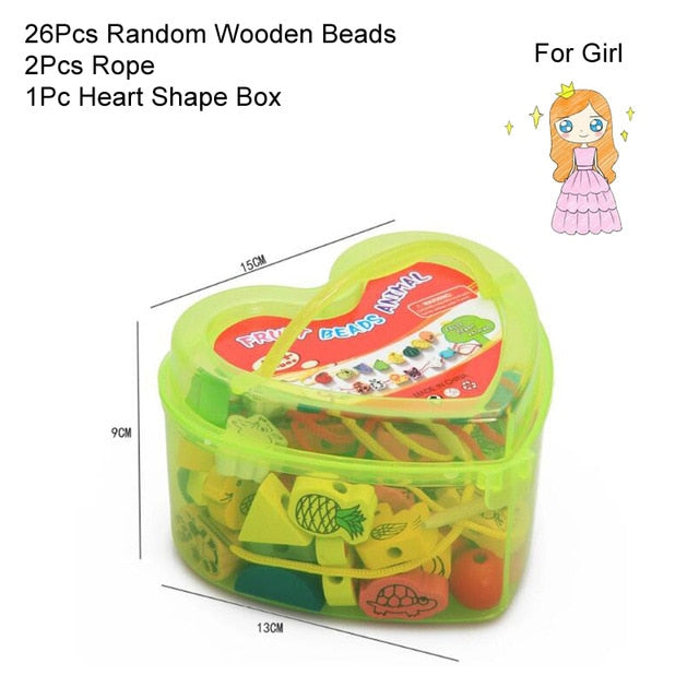 26Pcs Blocks Cartoon Animals Fruit Block Wooden Toys Stringing Threading Beads Game Educational Toy for Baby Kids Children GYH