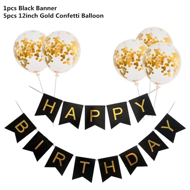 Black Gold Happy Birthday Banner Balloons Helium Number Foil Balloon for Baby Boy Kids Adult 18 30 Birthday Party Decorations