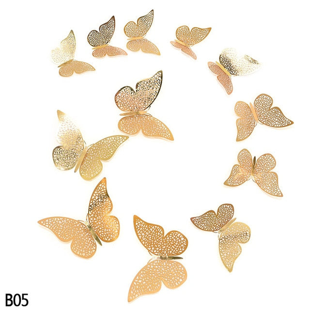 12Pcs Rose Gold Silver Hollow 3D Butterfly Wall Stickers For DIY Party Kids Wedding Room Decoration Home Wall Sticker Decal Deco