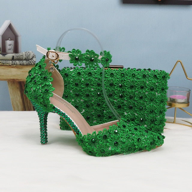 White Lace Flower wedding shoes with matching bags High heels Pointed Toe Ankle Strap Ladies Party shoe bag set Royal Blue Shoe