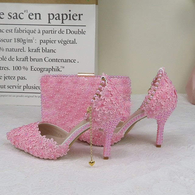 White Lace Flower wedding shoes with matching bags High heels Pointed Toe Ankle Strap Ladies Party shoe bag set Royal Blue Shoe