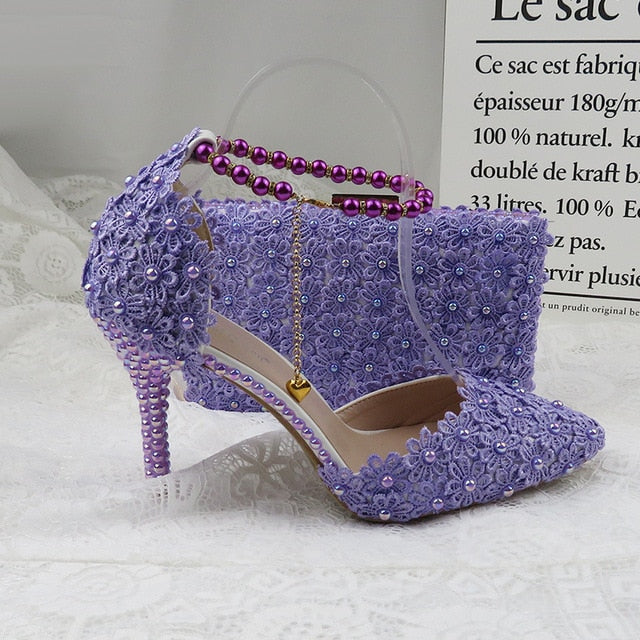 White Lace Flower wedding shoes with matching bags High heels Pointed Toe Ankle Strap Ladies Party shoe bag set Royal Blue Shoe
