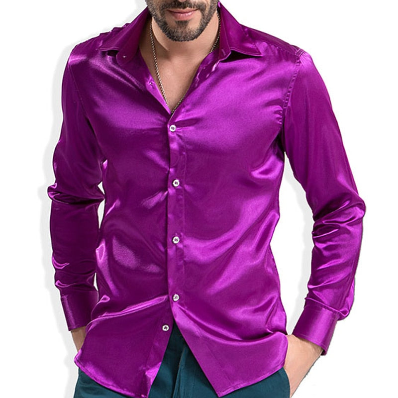 Fashion Shiny Silky Satin Dress Shirt Luxury Silk Like Long Sleeve Mens Casual Shirts Performance Stage Wear Clothing