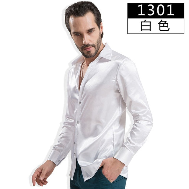 Fashion Shiny Silky Satin Dress Shirt Luxury Silk Like Long Sleeve Mens Casual Shirts Performance Stage Wear Clothing