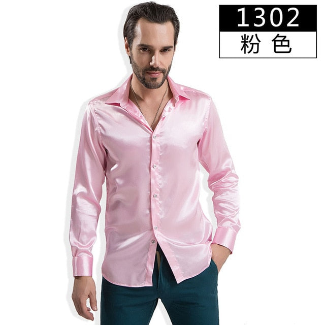 Fashion Shiny Silky Satin Dress Shirt Luxury Silk Like Long Sleeve Mens Casual Shirts Performance Stage Wear Clothing