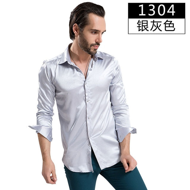 Fashion Shiny Silky Satin Dress Shirt Luxury Silk Like Long Sleeve Mens Casual Shirts Performance Stage Wear Clothing