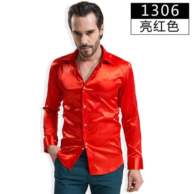 Fashion Shiny Silky Satin Dress Shirt Luxury Silk Like Long Sleeve Mens Casual Shirts Performance Stage Wear Clothing