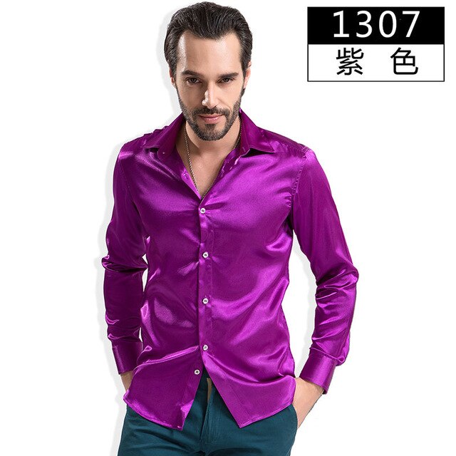 Fashion Shiny Silky Satin Dress Shirt Luxury Silk Like Long Sleeve Mens Casual Shirts Performance Stage Wear Clothing