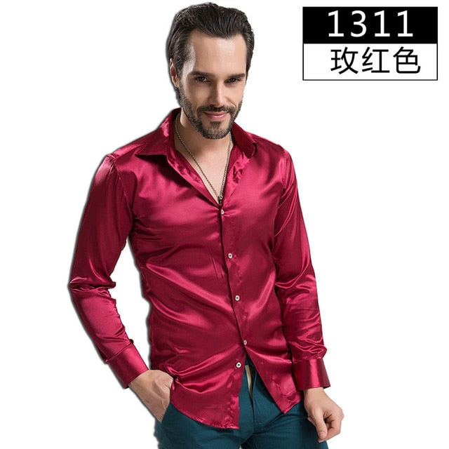 Fashion Shiny Silky Satin Dress Shirt Luxury Silk Like Long Sleeve Mens Casual Shirts Performance Stage Wear Clothing