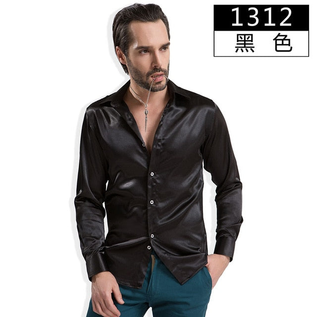 Fashion Shiny Silky Satin Dress Shirt Luxury Silk Like Long Sleeve Mens Casual Shirts Performance Stage Wear Clothing