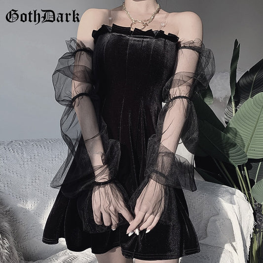 Goth Dark Mesh Vintage Gothic Dresses Egirl 2020 Aesthetic Transpanent Strap Pleated Dress Chic Punk Hip Hop Grunge Emo Y2K Chic