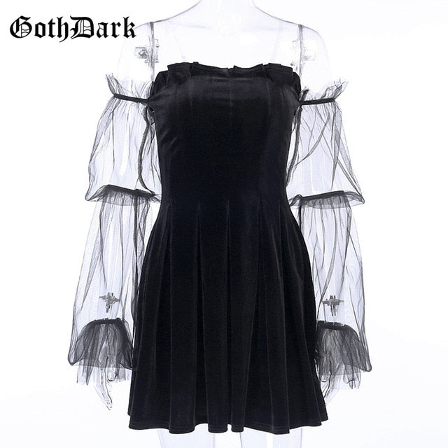 Goth Dark Mesh Vintage Gothic Dresses Egirl 2020 Aesthetic Transpanent Strap Pleated Dress Chic Punk Hip Hop Grunge Emo Y2K Chic