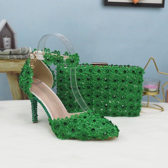 White Lace Flower wedding shoes with matching bags High heels Pointed Toe Ankle Strap Ladies Party shoe and bag set Pearl Shoe