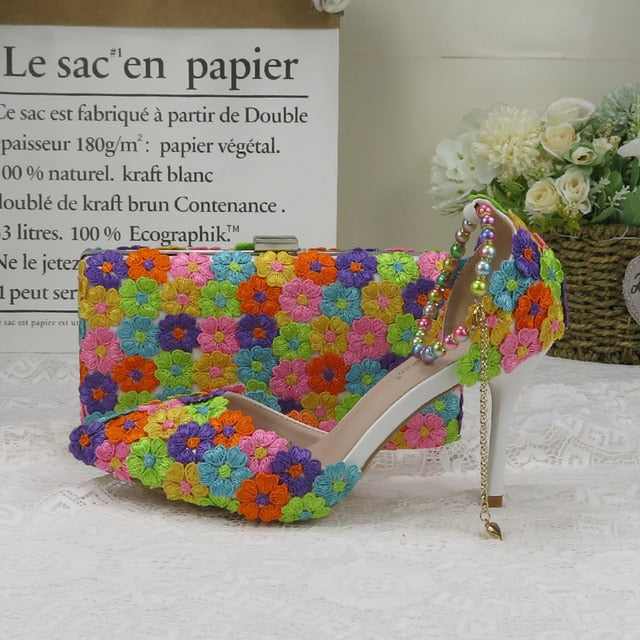 White Lace Flower wedding shoes with matching bags High heels Pointed Toe Ankle Strap Ladies Party shoe and bag set Pearl Shoe