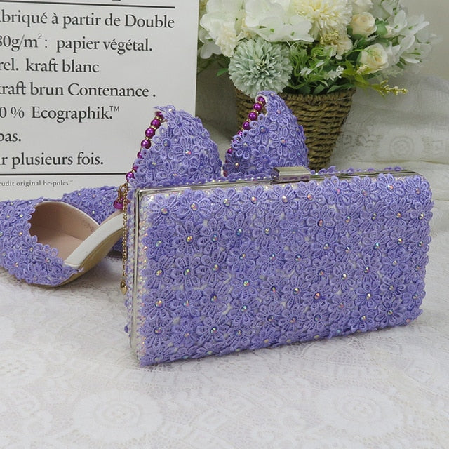 White Lace Flower wedding shoes with matching bags High heels Pointed Toe Ankle Strap Ladies Party shoe and bag set Pearl Shoe