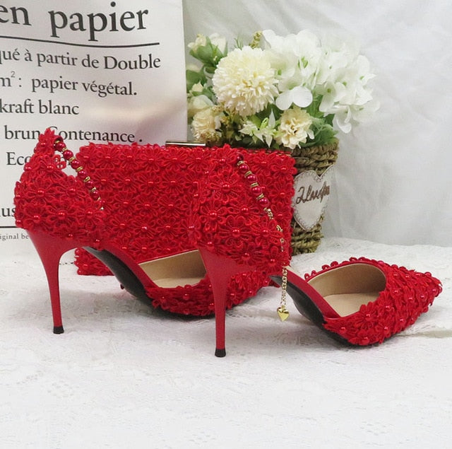 White Lace Flower wedding shoes with matching bags High heels Pointed Toe Ankle Strap Ladies Party shoe and bag set Pearl Shoe