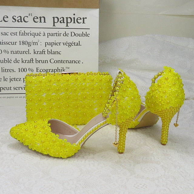 White Lace Flower wedding shoes with matching bags High heels Pointed Toe Ankle Strap Ladies Party shoe and bag set Pearl Shoe