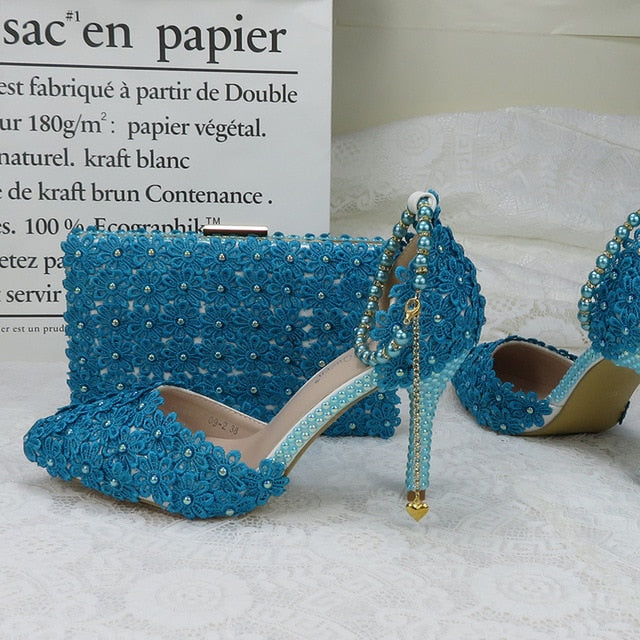 White Lace Flower wedding shoes with matching bags High heels Pointed Toe Ankle Strap Ladies Party shoe and bag set Pearl Shoe