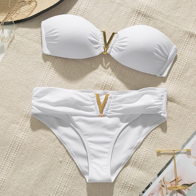 White push up woman swimsuit 2020 new Summer beach sexy bikini set solid swimming suit for women swimwear Bandeau bathing suit
