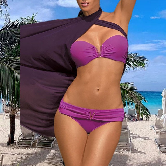 White push up woman swimsuit 2020 new Summer beach sexy bikini set solid swimming suit for women swimwear Bandeau bathing suit