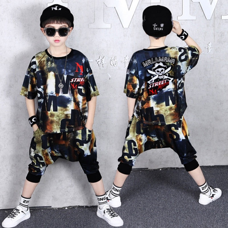 Cartoon skull Boys Hip Hop O-Neck Clothes Sets Dancing Children Clothing Kids Short Two Piece Set Harem Capri Pants Set 3-14T