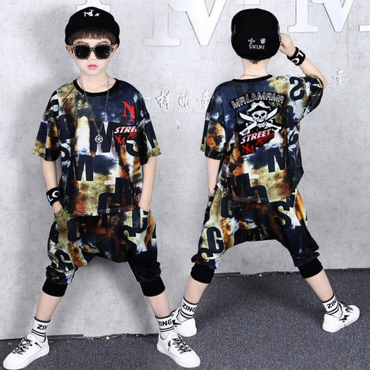 Cartoon skull Boys Hip Hop O-Neck Clothes Sets Dancing Children Clothing Kids Short Two Piece Set Harem Capri Pants Set 3-14T