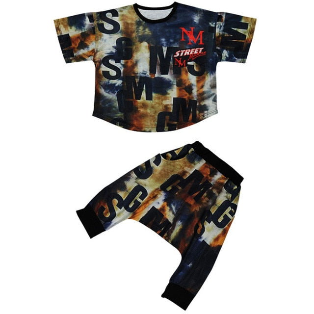 Cartoon skull Boys Hip Hop O-Neck Clothes Sets Dancing Children Clothing Kids Short Two Piece Set Harem Capri Pants Set 3-14T