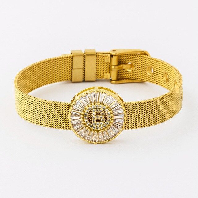 New Adjustable Stainless Steel Watch Belt Bracelet Bangle Copper CZ Initial 26 Letters Name Bracelets Jewelry For Women Gift