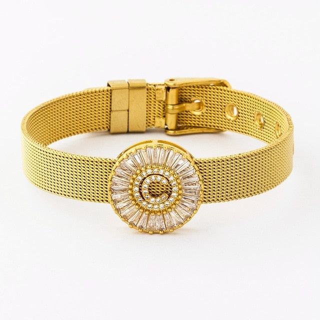New Adjustable Stainless Steel Watch Belt Bracelet Bangle Copper CZ Initial 26 Letters Name Bracelets Jewelry For Women Gift