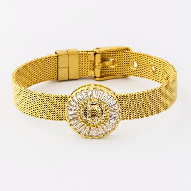 New Adjustable Stainless Steel Watch Belt Bracelet Bangle Copper CZ Initial 26 Letters Name Bracelets Jewelry For Women Gift