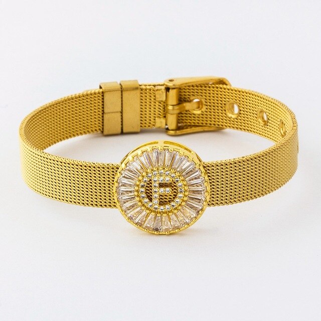 New Adjustable Stainless Steel Watch Belt Bracelet Bangle Copper CZ Initial 26 Letters Name Bracelets Jewelry For Women Gift