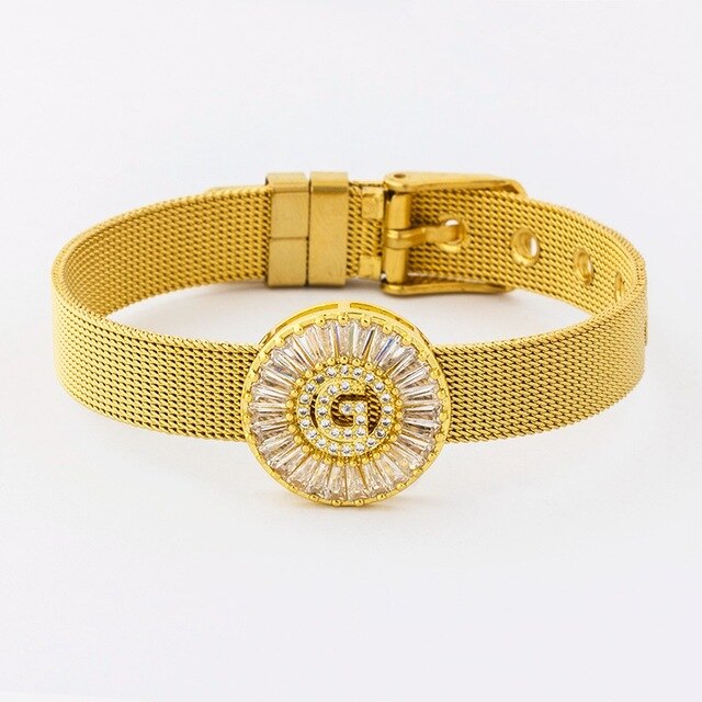 New Adjustable Stainless Steel Watch Belt Bracelet Bangle Copper CZ Initial 26 Letters Name Bracelets Jewelry For Women Gift