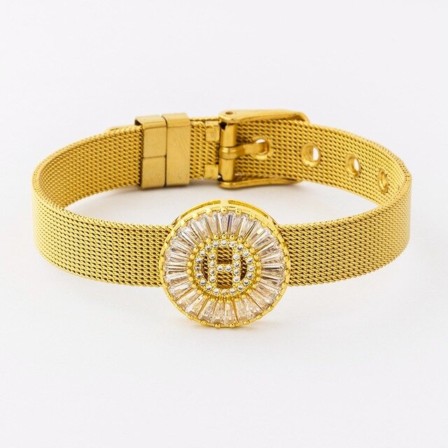 New Adjustable Stainless Steel Watch Belt Bracelet Bangle Copper CZ Initial 26 Letters Name Bracelets Jewelry For Women Gift