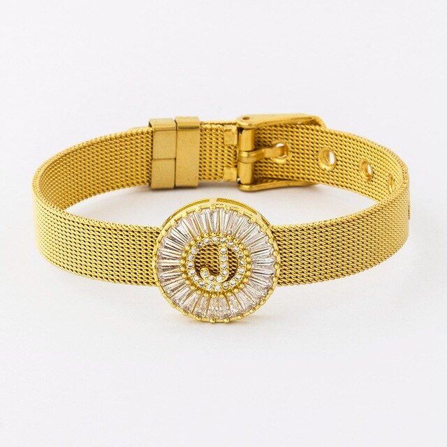 New Adjustable Stainless Steel Watch Belt Bracelet Bangle Copper CZ Initial 26 Letters Name Bracelets Jewelry For Women Gift