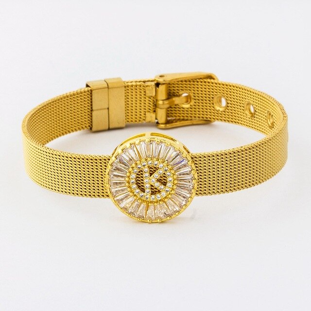 New Adjustable Stainless Steel Watch Belt Bracelet Bangle Copper CZ Initial 26 Letters Name Bracelets Jewelry For Women Gift