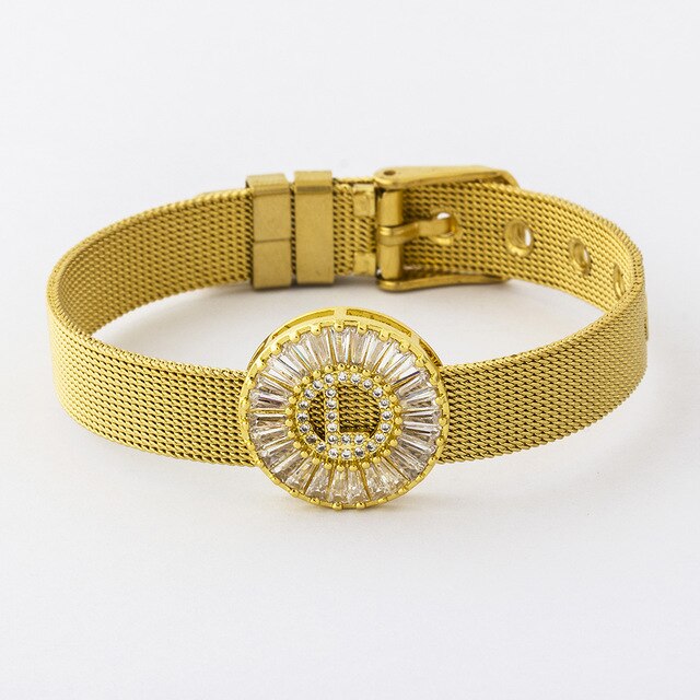 New Adjustable Stainless Steel Watch Belt Bracelet Bangle Copper CZ Initial 26 Letters Name Bracelets Jewelry For Women Gift