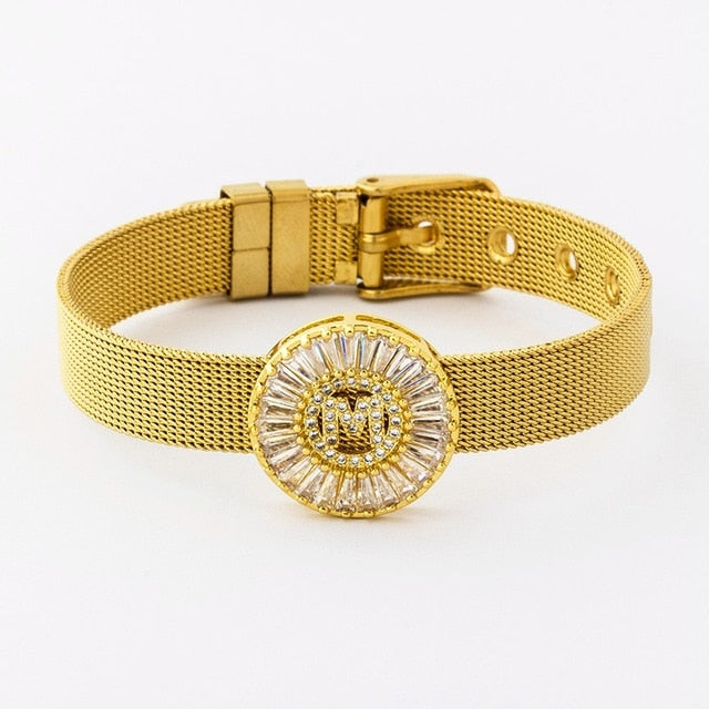 New Adjustable Stainless Steel Watch Belt Bracelet Bangle Copper CZ Initial 26 Letters Name Bracelets Jewelry For Women Gift