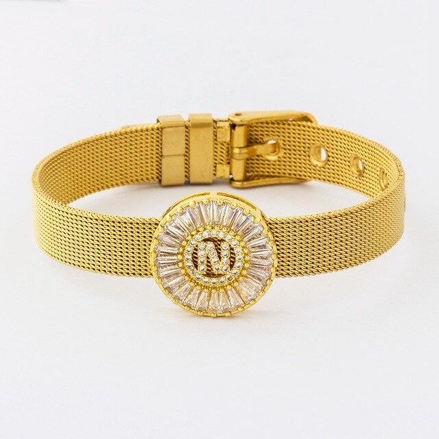 New Adjustable Stainless Steel Watch Belt Bracelet Bangle Copper CZ Initial 26 Letters Name Bracelets Jewelry For Women Gift