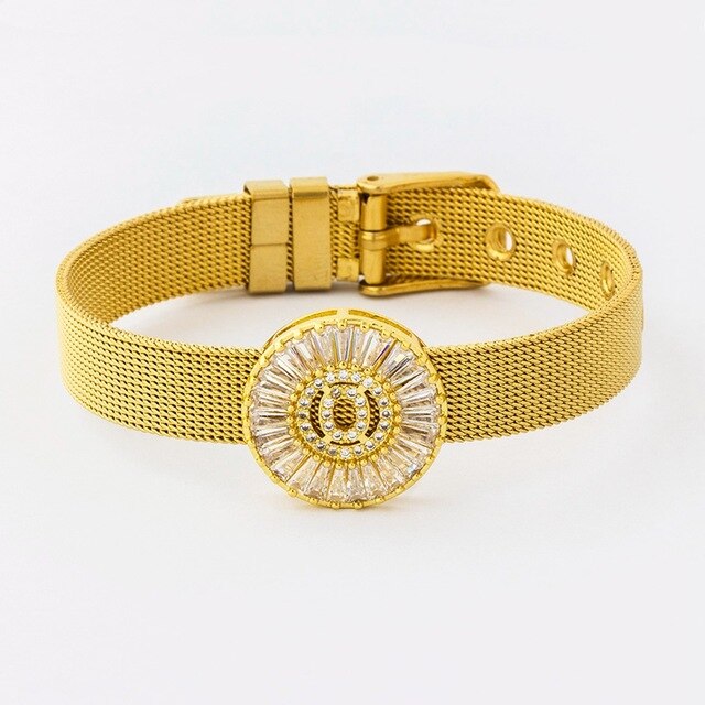 New Adjustable Stainless Steel Watch Belt Bracelet Bangle Copper CZ Initial 26 Letters Name Bracelets Jewelry For Women Gift