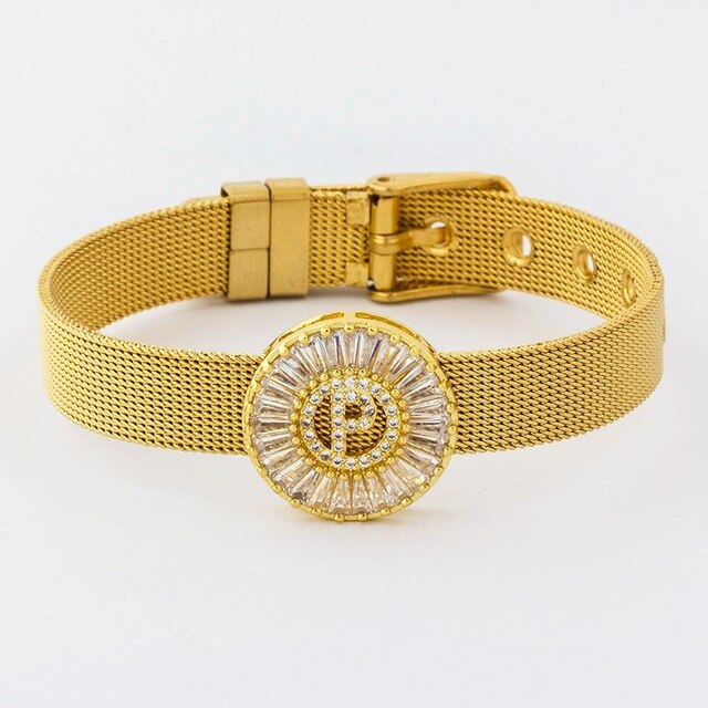 New Adjustable Stainless Steel Watch Belt Bracelet Bangle Copper CZ Initial 26 Letters Name Bracelets Jewelry For Women Gift