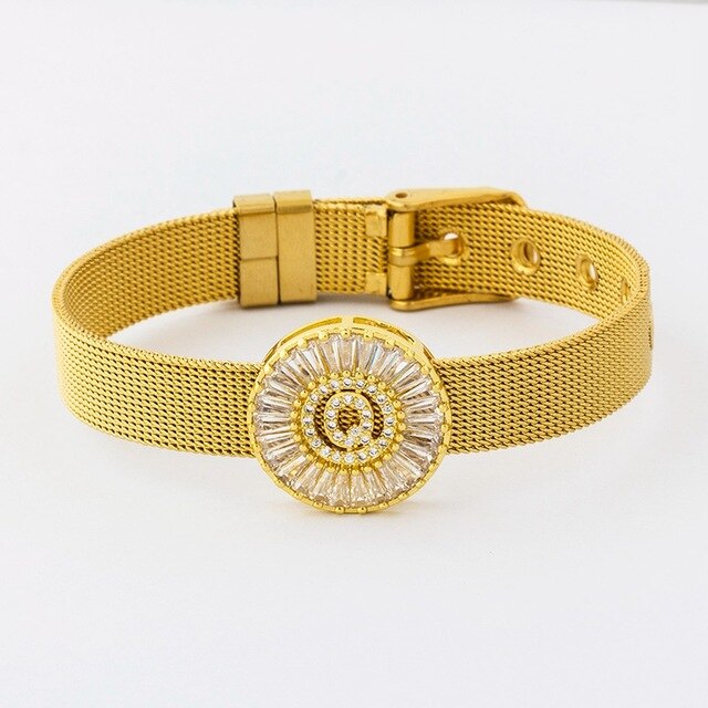 New Adjustable Stainless Steel Watch Belt Bracelet Bangle Copper CZ Initial 26 Letters Name Bracelets Jewelry For Women Gift
