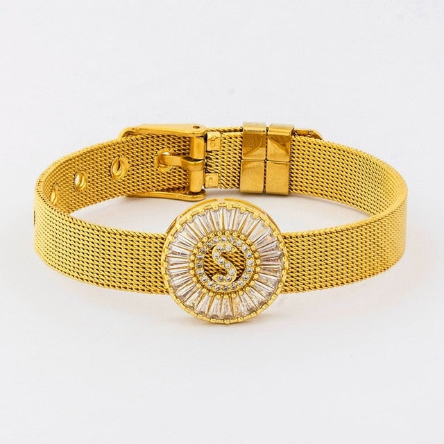 New Adjustable Stainless Steel Watch Belt Bracelet Bangle Copper CZ Initial 26 Letters Name Bracelets Jewelry For Women Gift