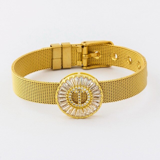 New Adjustable Stainless Steel Watch Belt Bracelet Bangle Copper CZ Initial 26 Letters Name Bracelets Jewelry For Women Gift